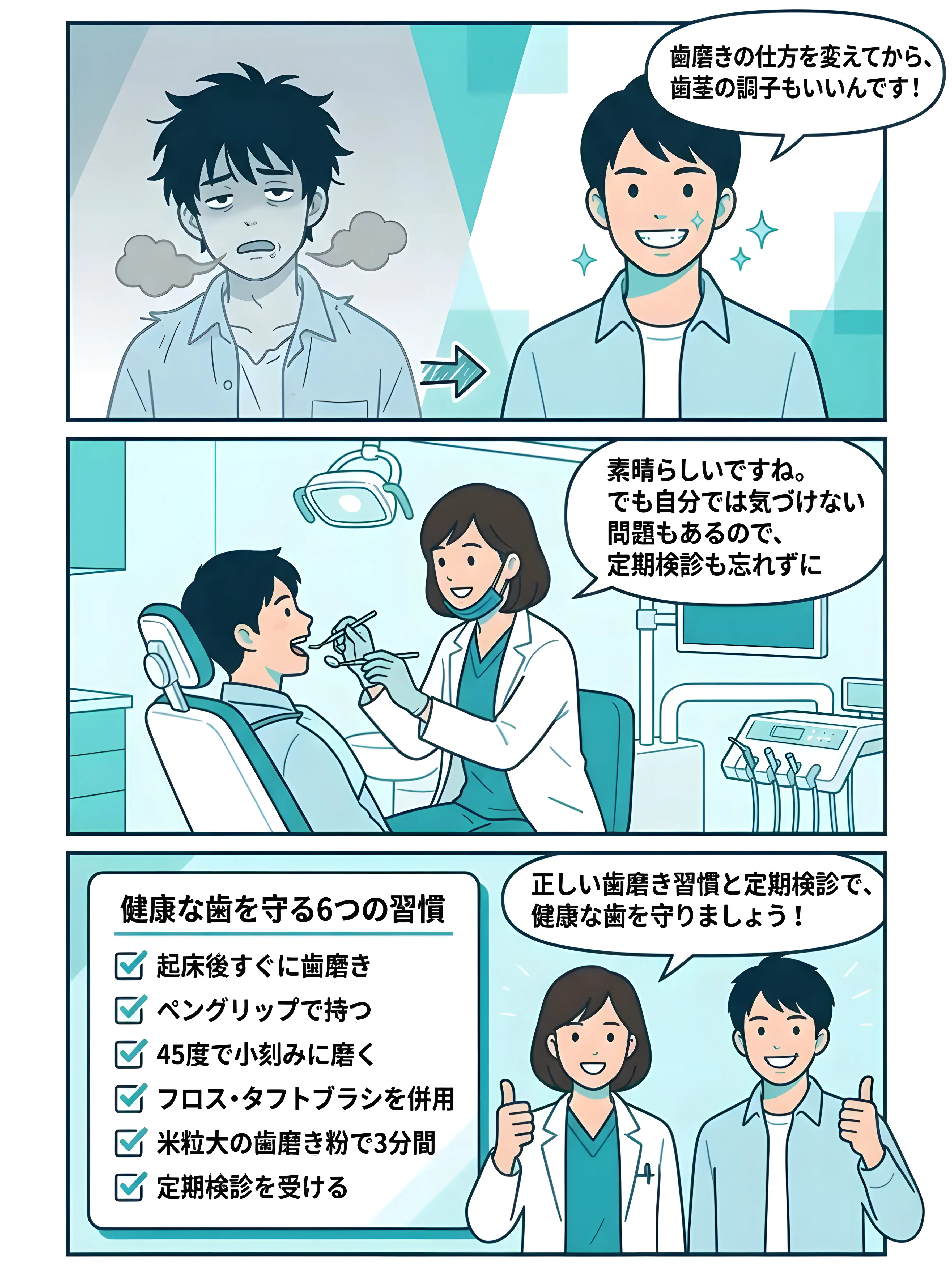 まとめと定期検診の重要性を解説するマンガ - 正しい歯磨き習慣チェックリスト