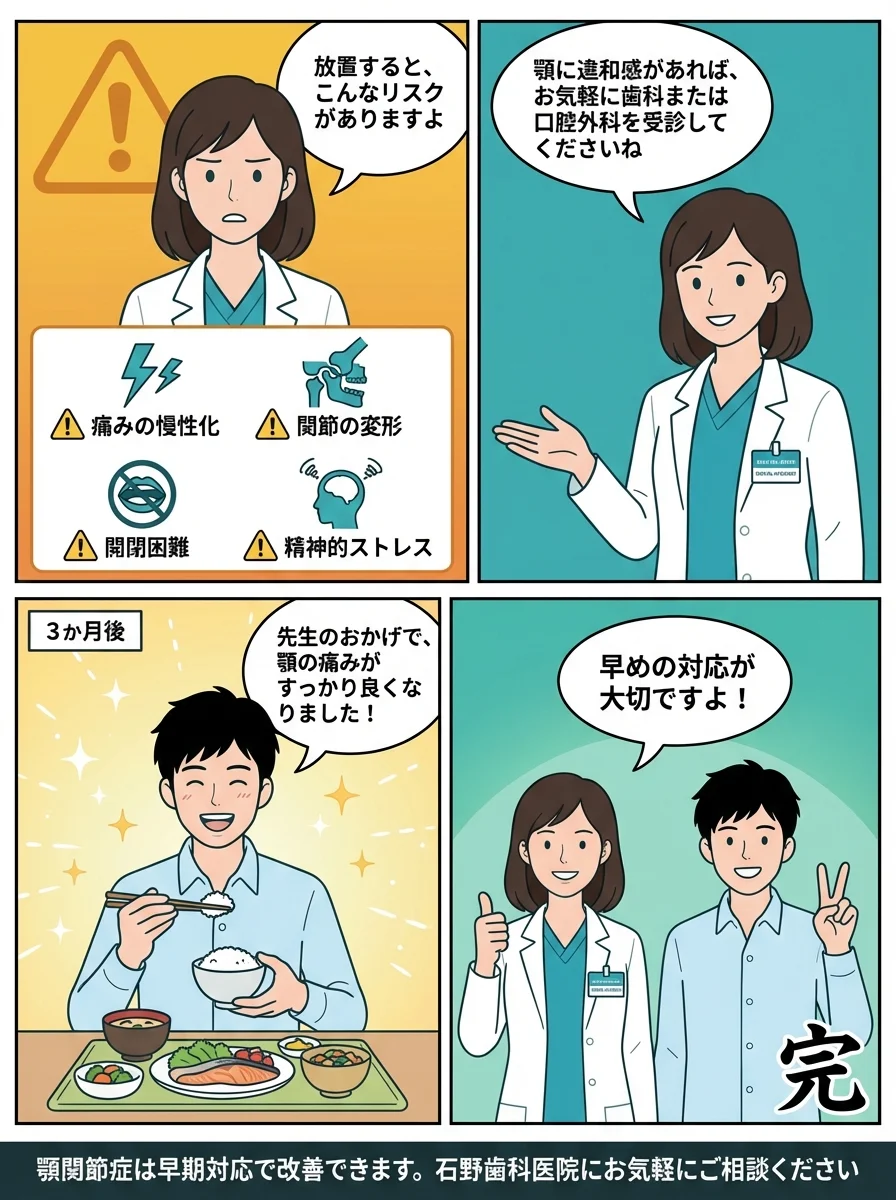 顎関節症の放置リスクとまとめマンガ - 慢性化・関節変形・開閉困難のリスクと早期受診の重要性